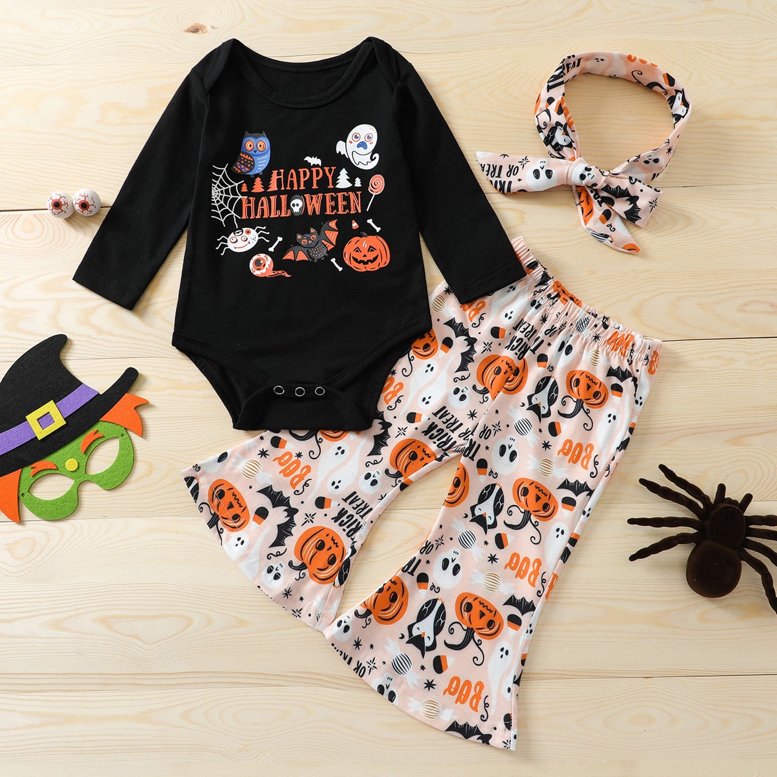0-24M Baby Girl Halloween Pumpkin Print Long Sleeve Flared 3 Pcs Sets