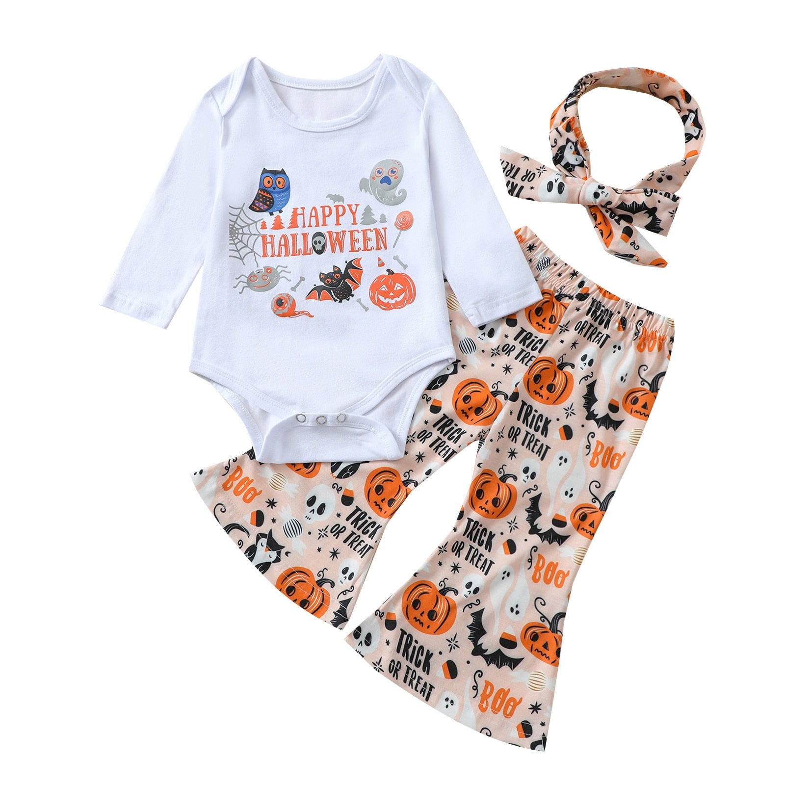 0-24M Baby Girl Halloween Pumpkin Print Long Sleeve Flared 3 Pcs Sets