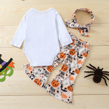 0-24M Baby Girl Halloween Pumpkin Print Long Sleeve Flared 3 Pcs Sets
