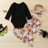 0-24M Baby Girl Halloween Pumpkin Print Long Sleeve Flared 3 Pcs Sets