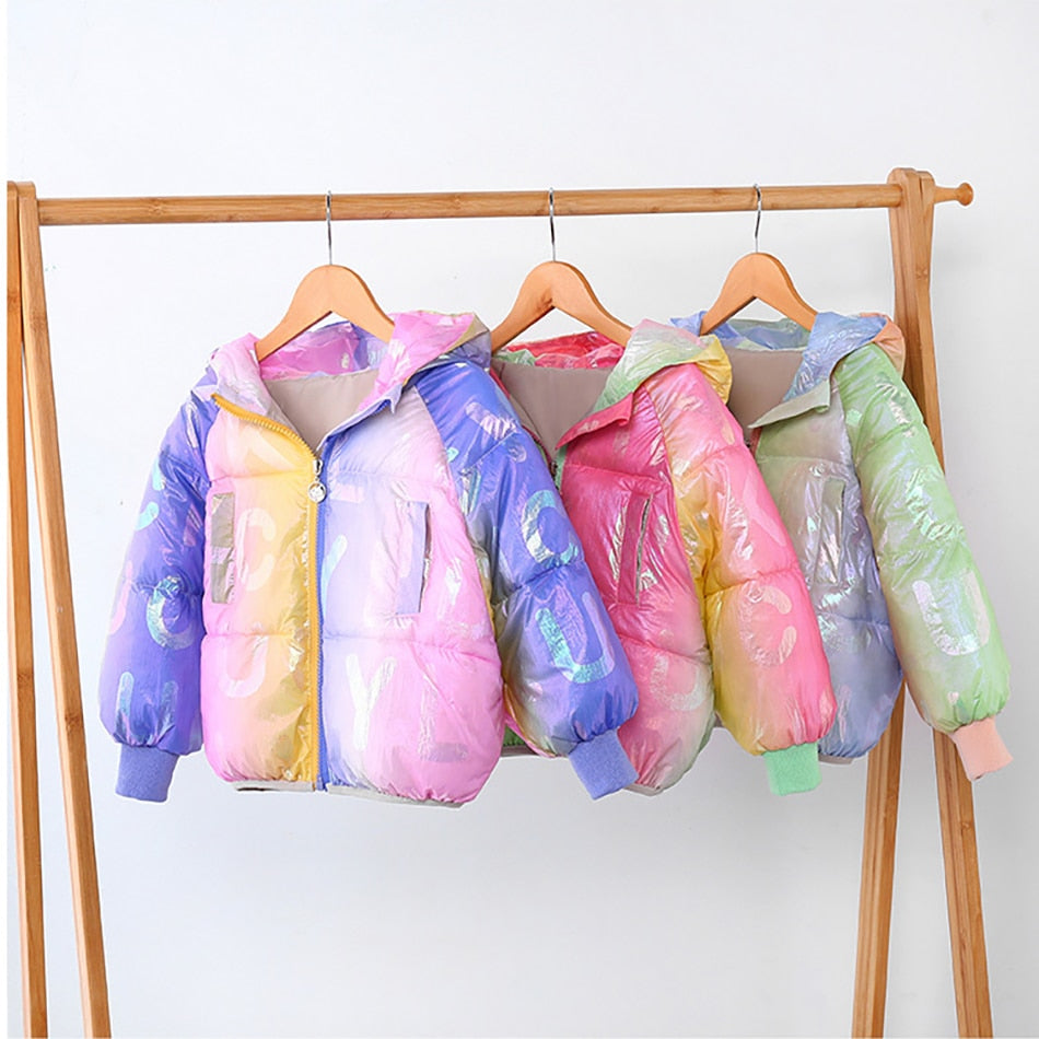 Girl Rainbow Colorful Glossy Down Cotton Jacket Candy Warm Coat