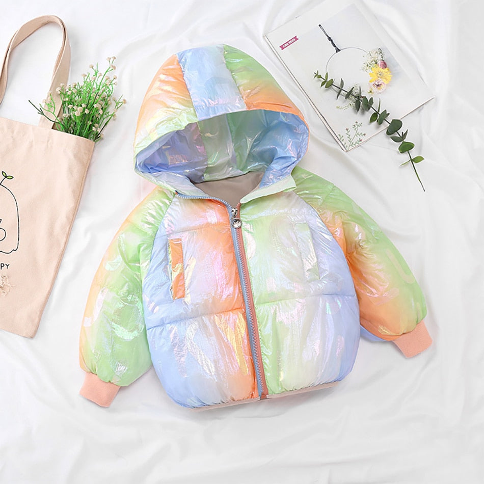 Girl Rainbow Colorful Glossy Down Cotton Jacket Candy Warm Coat