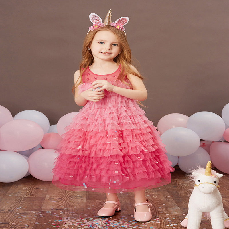 Kid Baby Girls Sleeveless Party Piano Show Flower Layered Rainbow Dresses