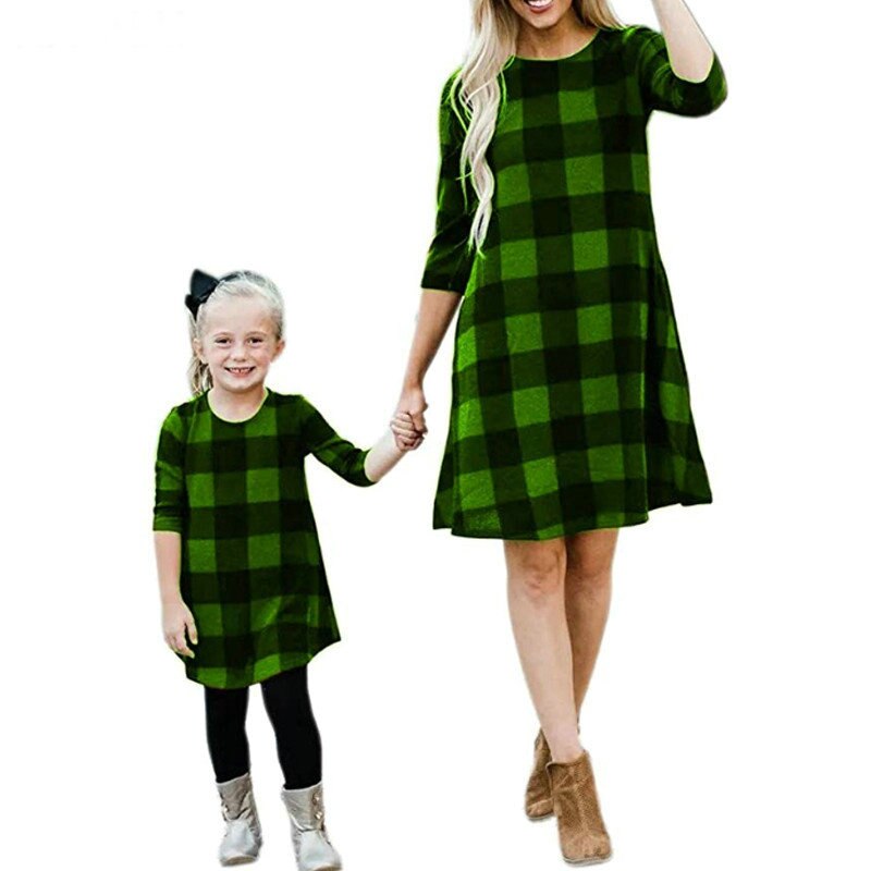 Family Matching Mother Daughter New Year Christmas Plaid Mini Dress