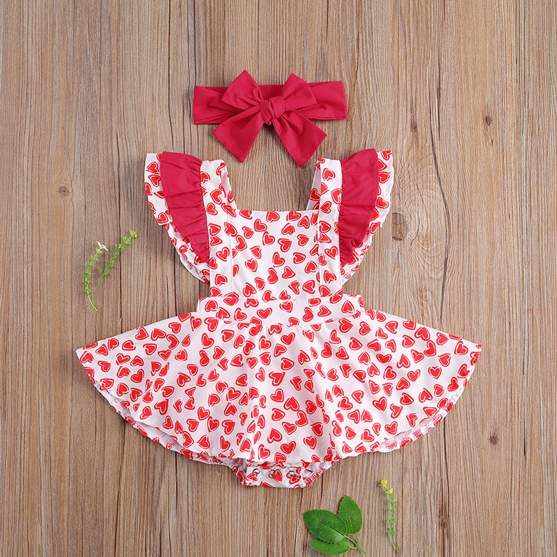 Baby Girl Heart Printed Sleeveless Dress Ruffle Valentine 2 Pcs Sets