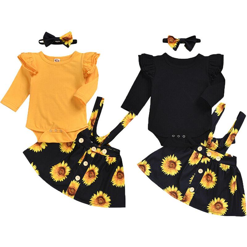 Baby Girls Ruffle Long Sleeve Sunflower Suspender 3 Pcs Set