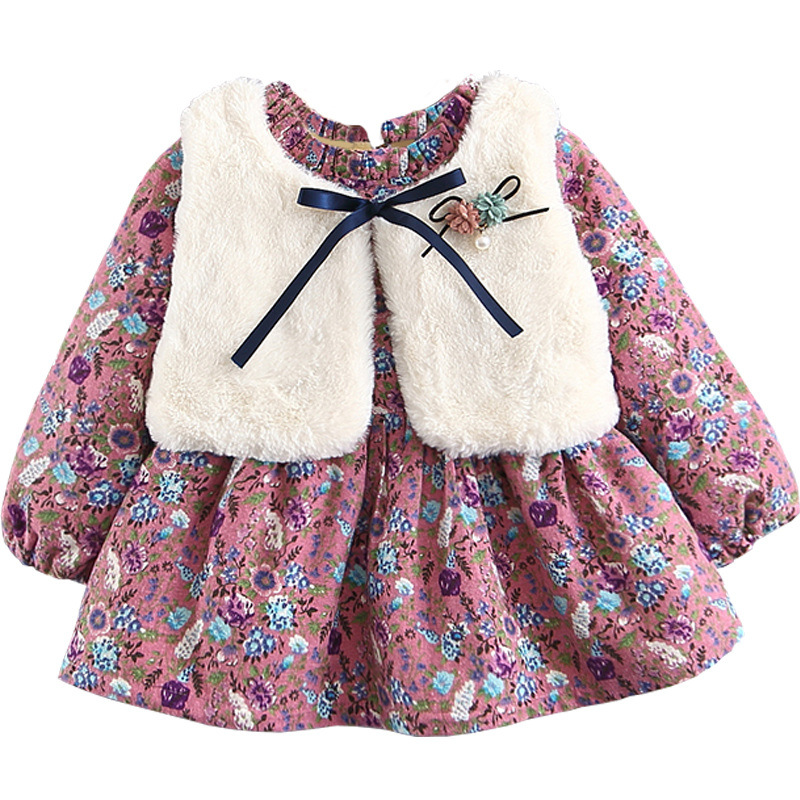 Baby Girl Floral Long Sleeve Flannelette Lining Thicken Dress 2 Pcs Sets