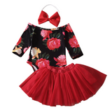 Newborn Baby Girl Flower Print Off Shoulder Valentine Sets 3 Pcs