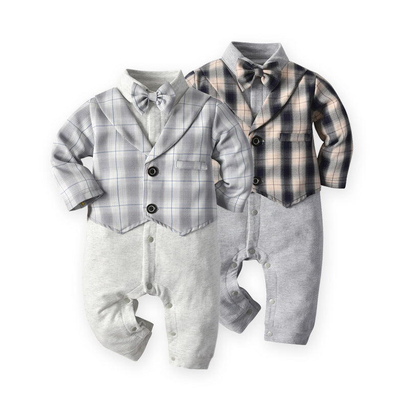 Baby Boy Jumpsuit Gentleman Bow Tie Crawl Plaid Rompers
