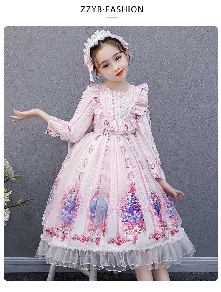 Kids Girl Long-sleeved Lolita Skirt Autumn Princess Cotton Dress