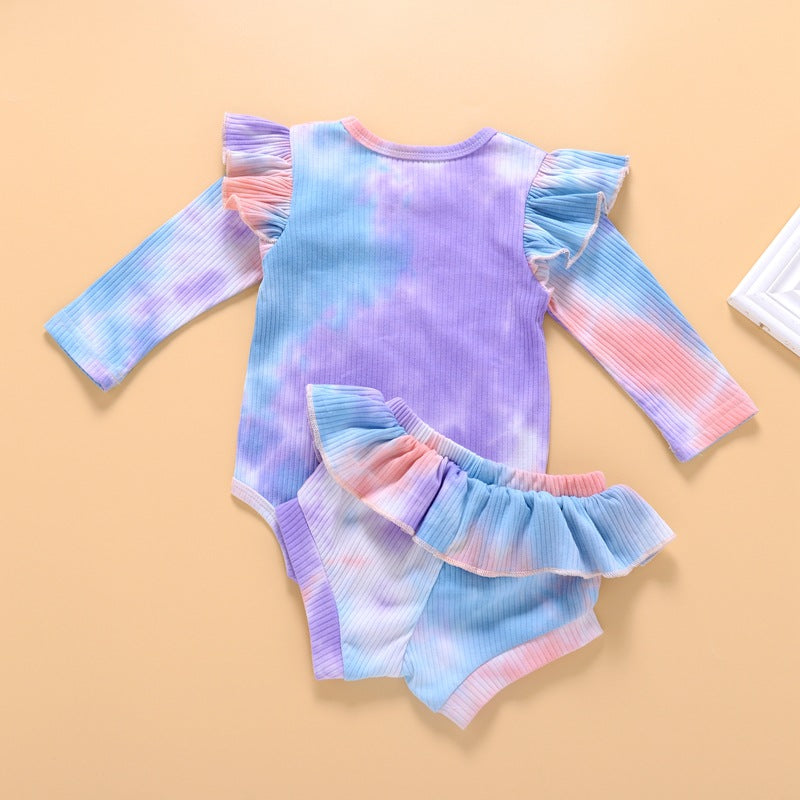 Baby Girl Briefs Suit Summer Long Sleeve Tie-dye Climbing Suit 2 Pcs Sets