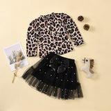 Toddler Kids Girls Set Leopard Print Pullover Tulle Skirt 2 Pcs Outfits Suit