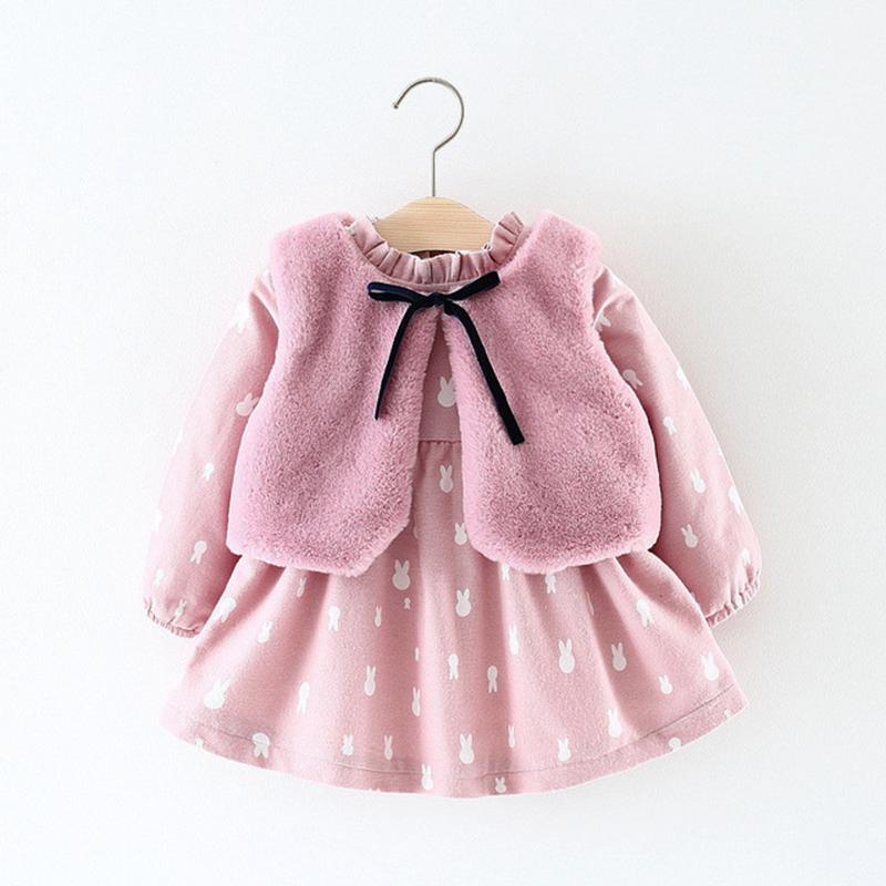 Baby Girl Floral Long Sleeve Flannelette Lining Thicken Dress 2 Pcs Sets