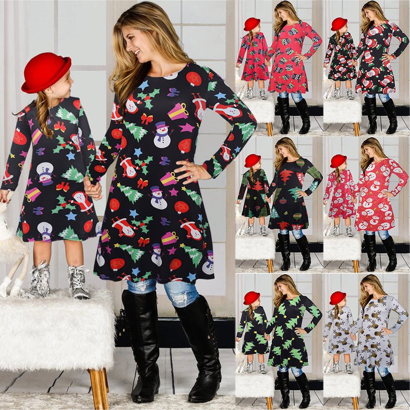 Fmaily Matching Parent-Child Dress Christmas Long-sleeved Print Look Same