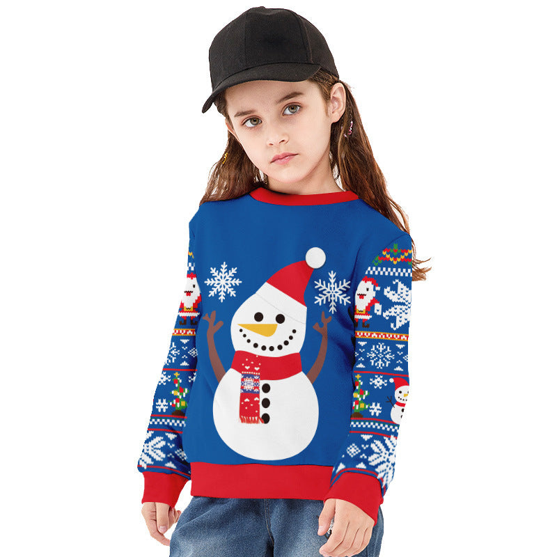 Kids Christmas Elk Digital Printing Warm Long Sleeve Crew Neck Sweater