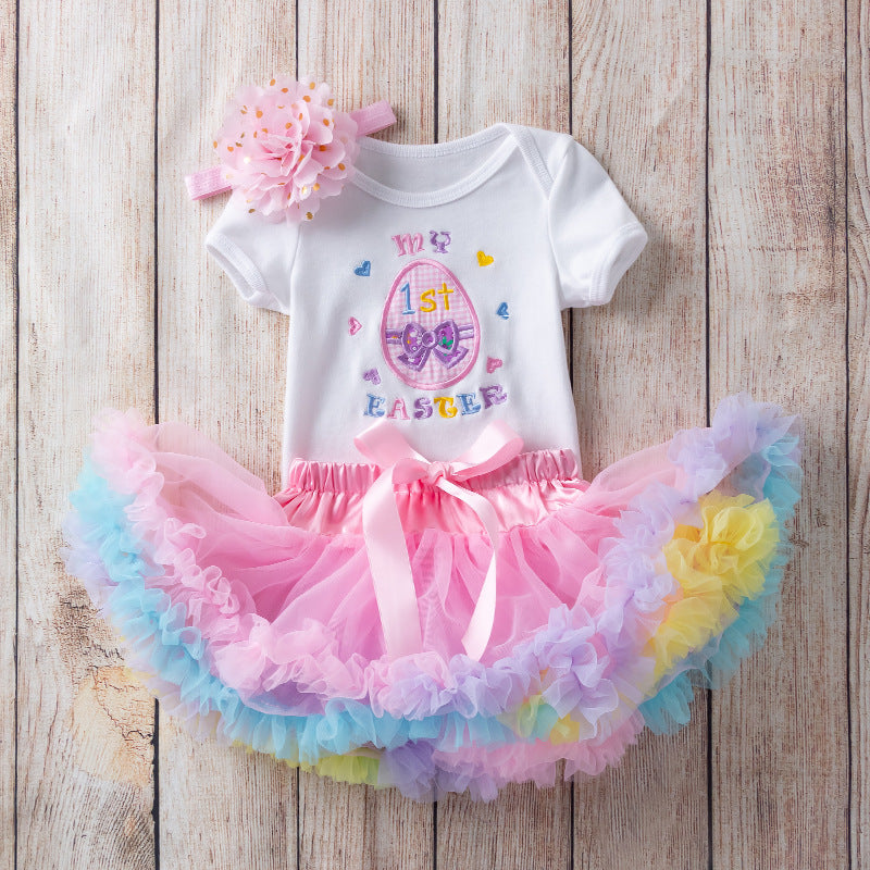 Baby Easter Girl Cartoon Embroidered Egg Short Sleeve Harley Set 2 Pcs