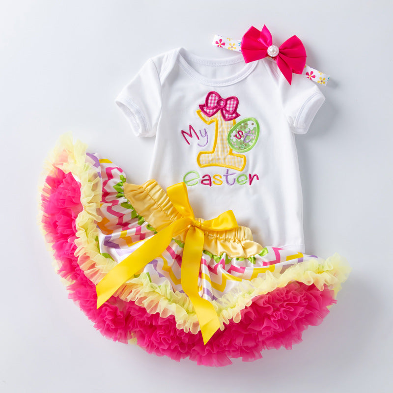 Baby Easter Girl Cartoon Embroidered Egg Short Sleeve Harley Set 2 Pcs