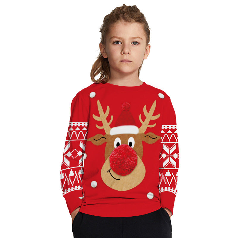 Kids Christmas Elk Digital Printing Warm Long Sleeve Crew Neck Sweater