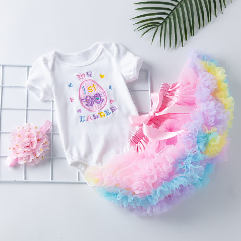 Baby Easter Girl Cartoon Embroidered Egg Short Sleeve Harley Set 2 Pcs