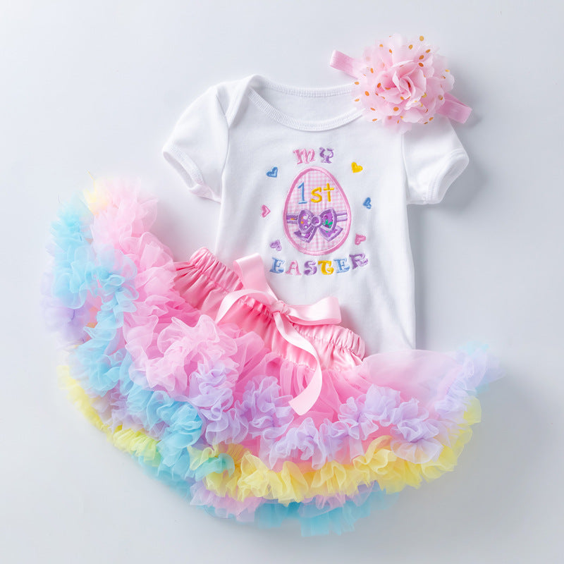 Baby Easter Girl Cartoon Embroidered Egg Short Sleeve Harley Set 2 Pcs