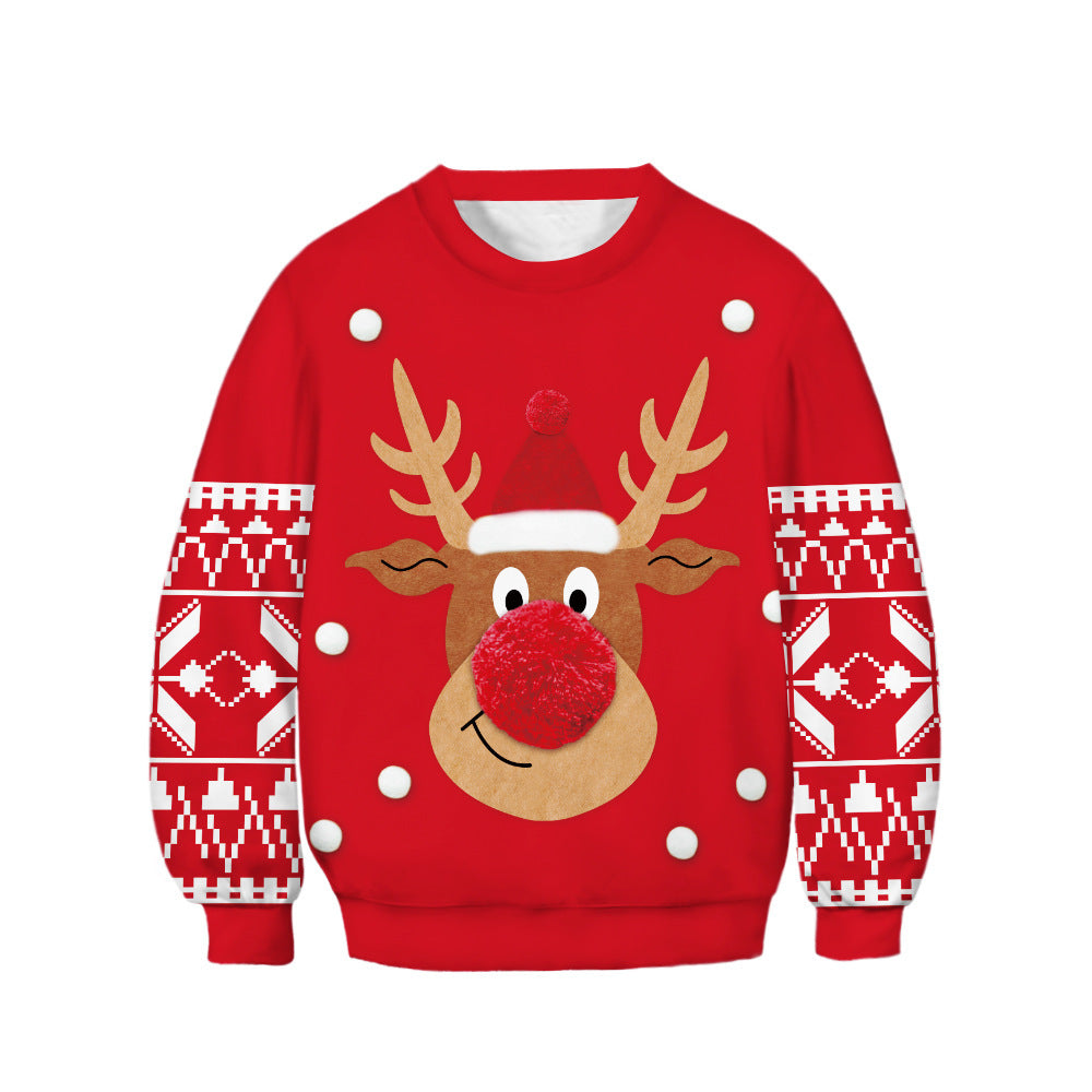 Kids Christmas Elk Digital Printing Warm Long Sleeve Crew Neck Sweater