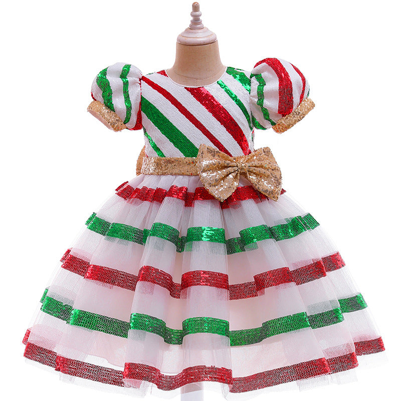 Kid Baby Girl Christmas Long Dress Bow Lace Evening Dress