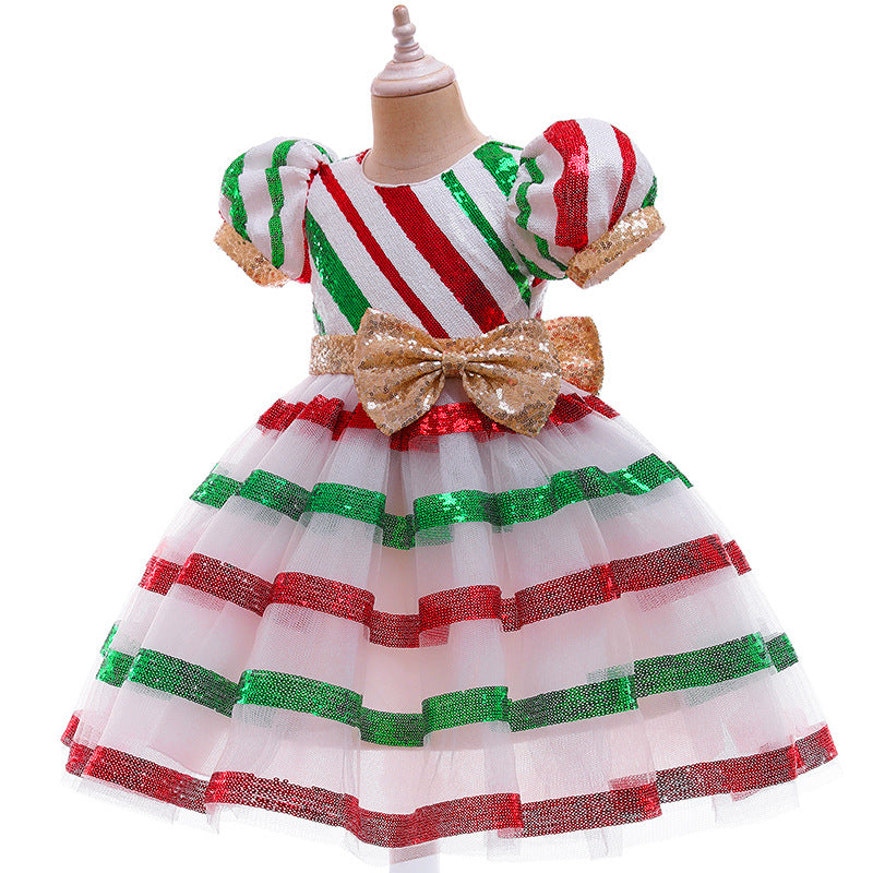 Kid Baby Girl Christmas Long Dress Bow Lace Evening Dress