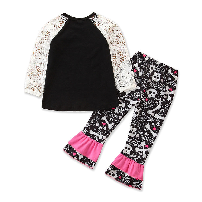 Kid Baby Girl Outfit Lace Sleeve Alphabet Halloween 2 Pcs Sets