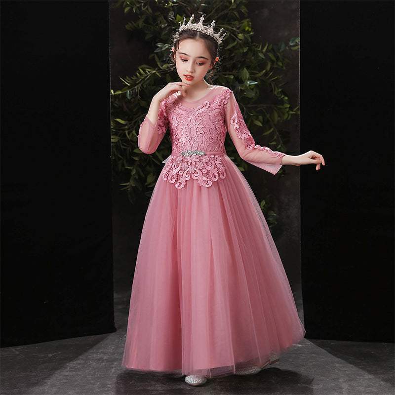 Elegant Pink Tulle Flower Kid Girl Wedding Princess Long Prom Dress