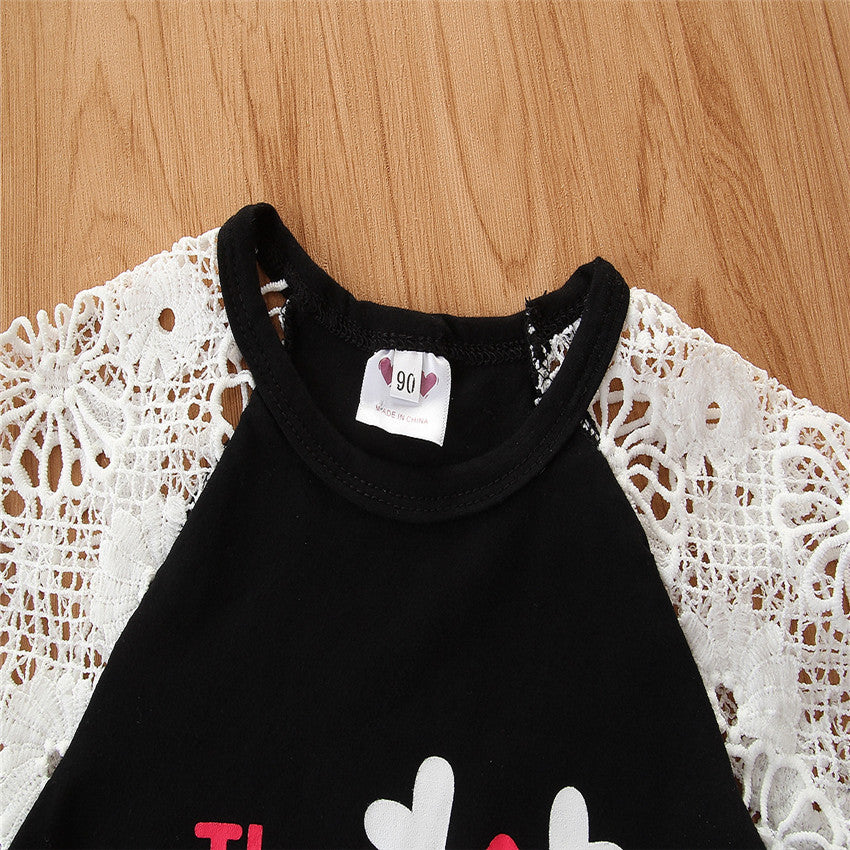 Kid Baby Girl Outfit Lace Sleeve Alphabet Halloween 2 Pcs Sets