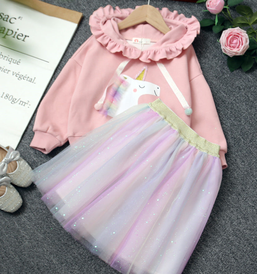 Girls Autumn Fashion Suit Rainbow Unicorn Mesh 2 Pcs Set