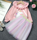 Girls Autumn Fashion Suit Rainbow Unicorn Mesh 2 Pcs Set