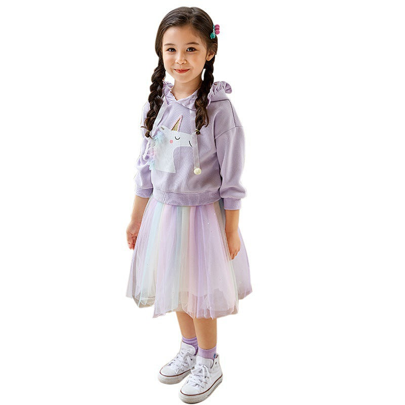 Girls Autumn Fashion Suit Rainbow Unicorn Mesh 2 Pcs Set