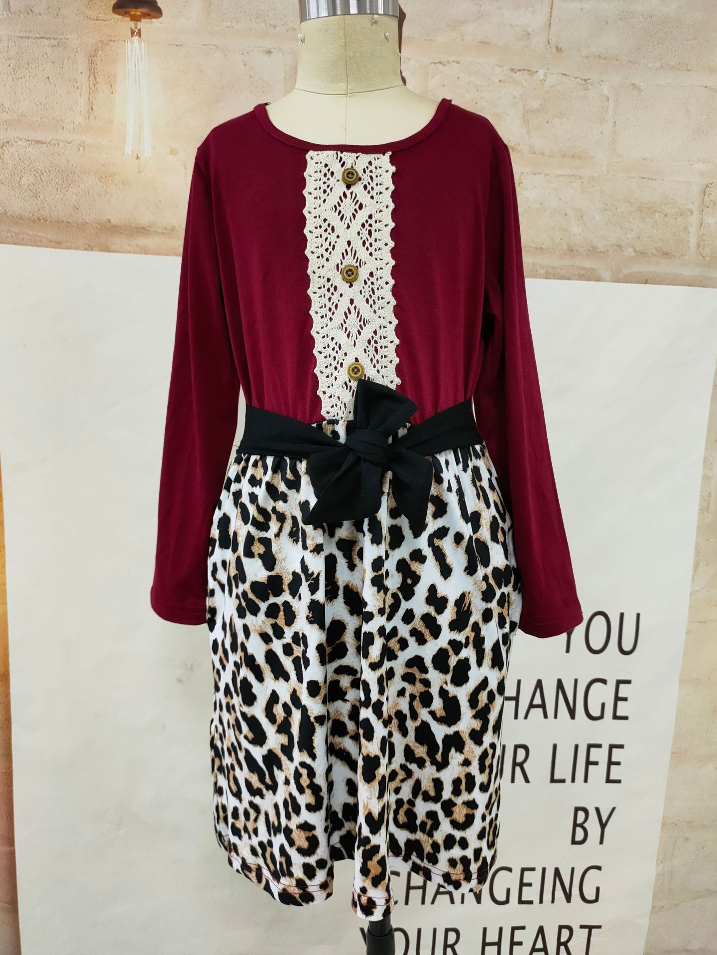 Family Matching Leopard Print Lace Parent-child Midi Dress