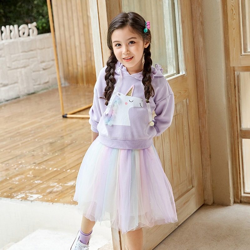 Girls Autumn Fashion Suit Rainbow Unicorn Mesh 2 Pcs Set
