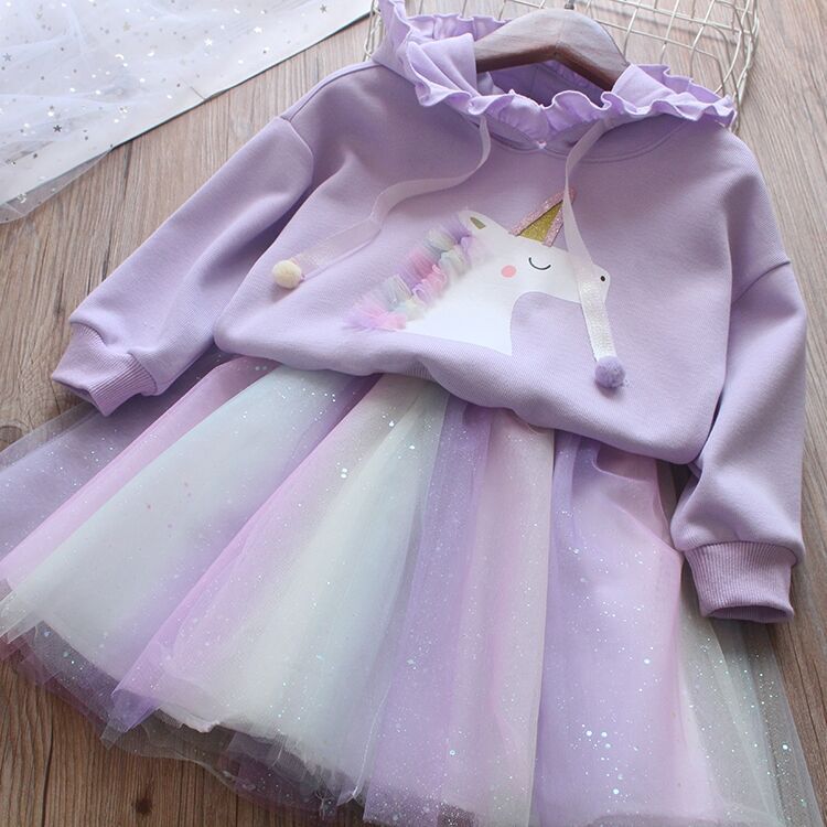 Girls Autumn Fashion Suit Rainbow Unicorn Mesh 2 Pcs Set