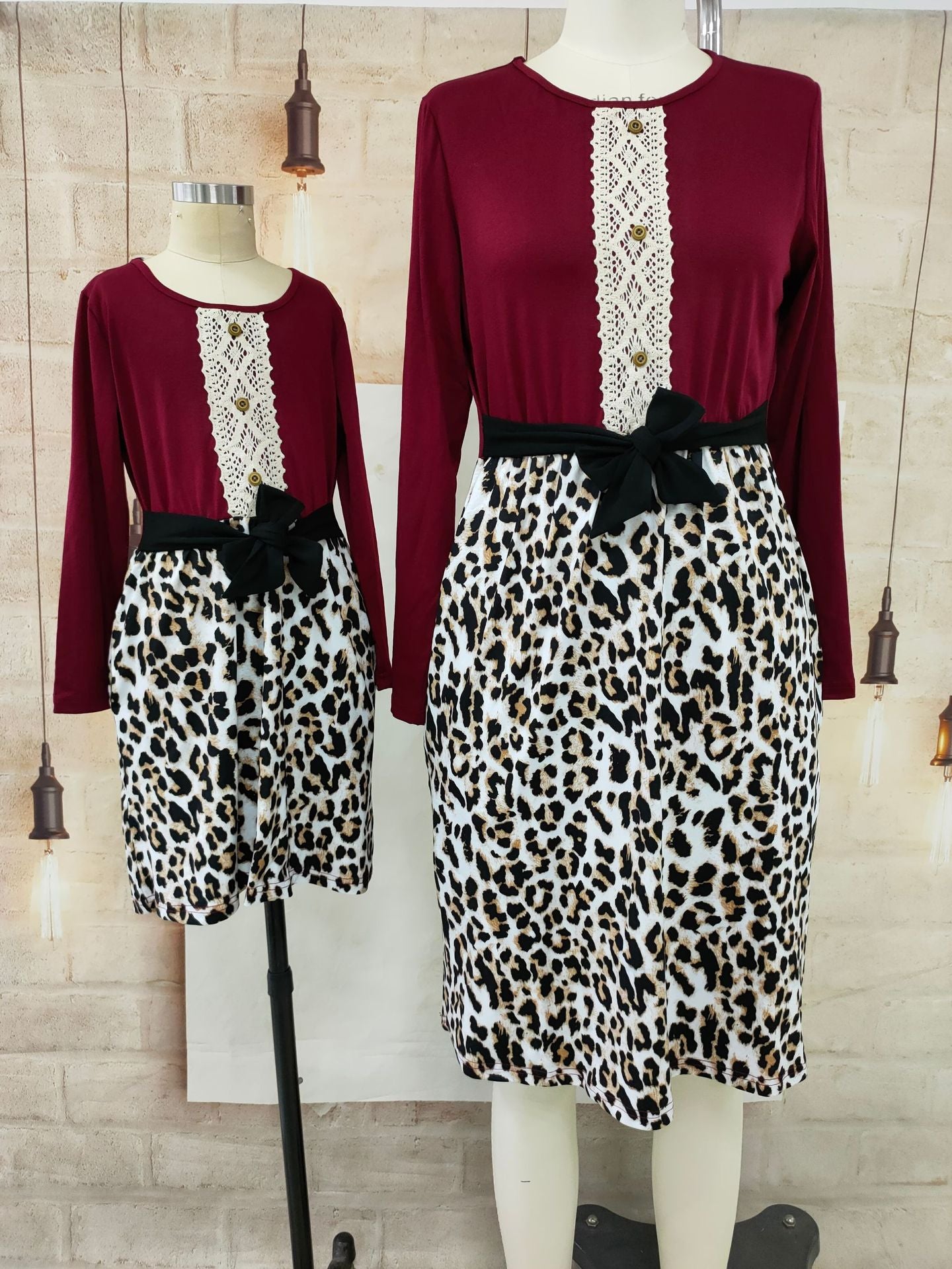 Family Matching Leopard Print Lace Parent-child Midi Dress