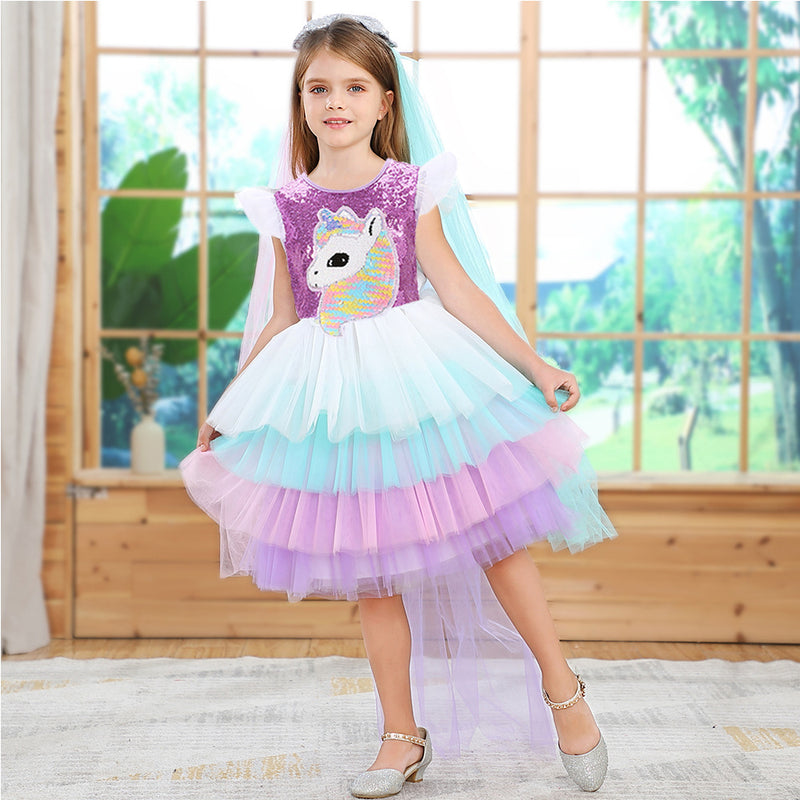 Girls Unicorn Princess Rainbow Mesh Ballet Halloween Christmas Dress