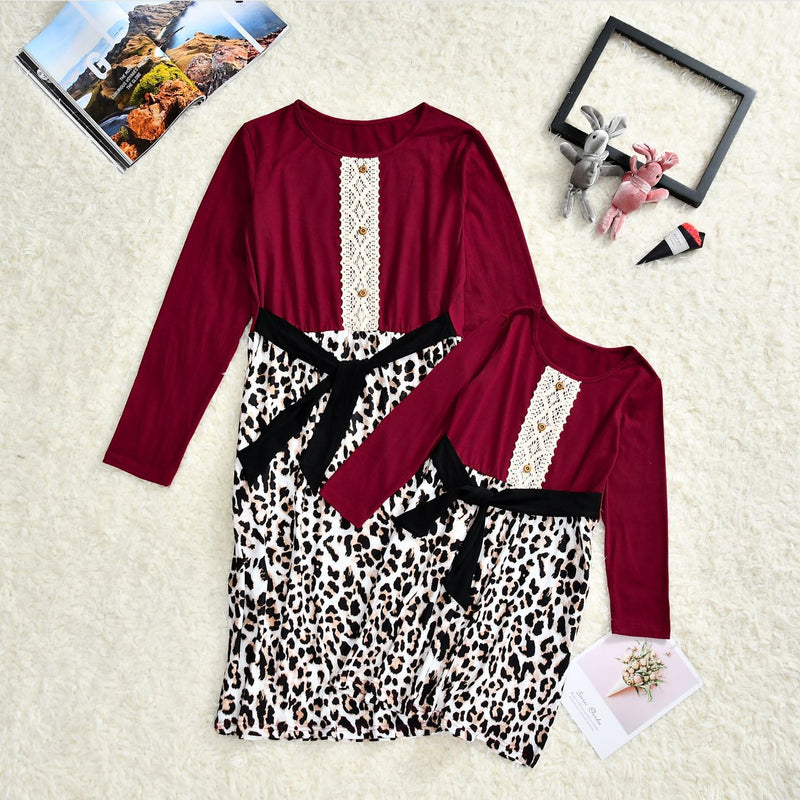 Family Matching Leopard Print Lace Parent-child Midi Dress