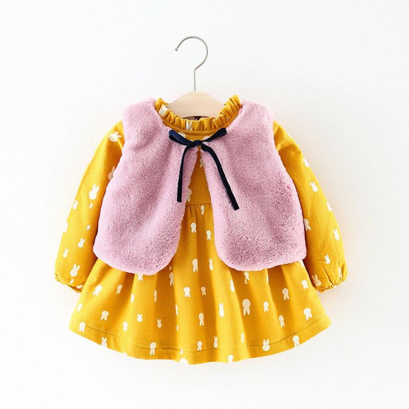 Baby Girl Floral Long Sleeve Flannelette Lining Thicken Dress 2 Pcs Sets