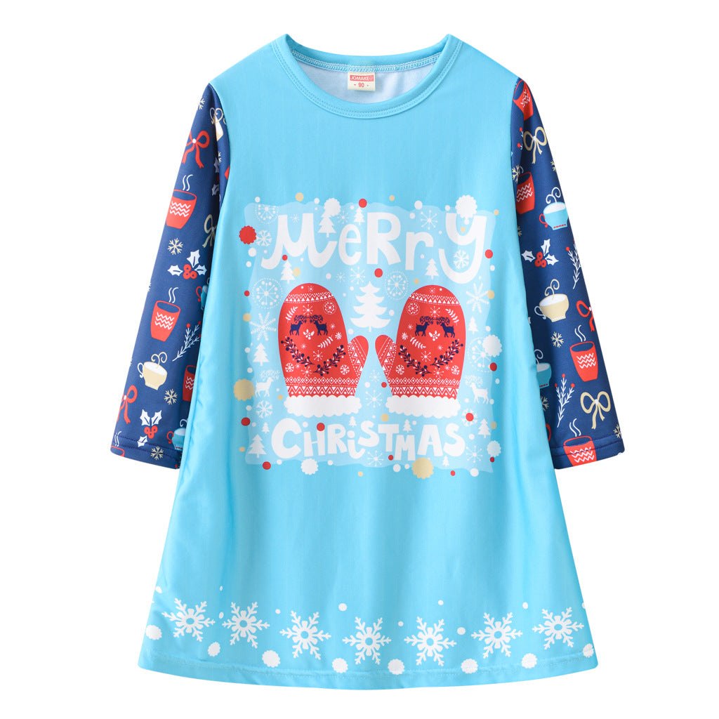 Kid Baby Girl Christmas Cartoon Digital Print Round Neck Dresses