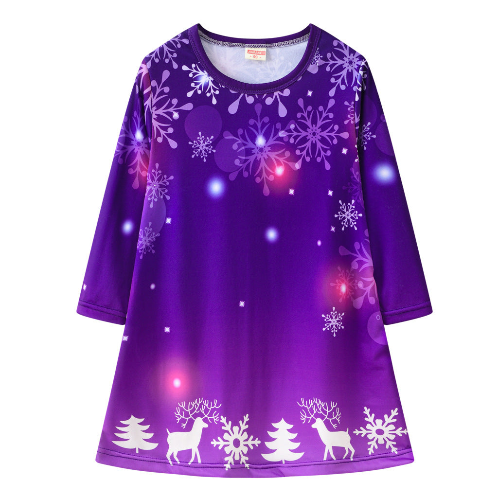 Kid Baby Girl Christmas Cartoon Digital Print Round Neck Dresses