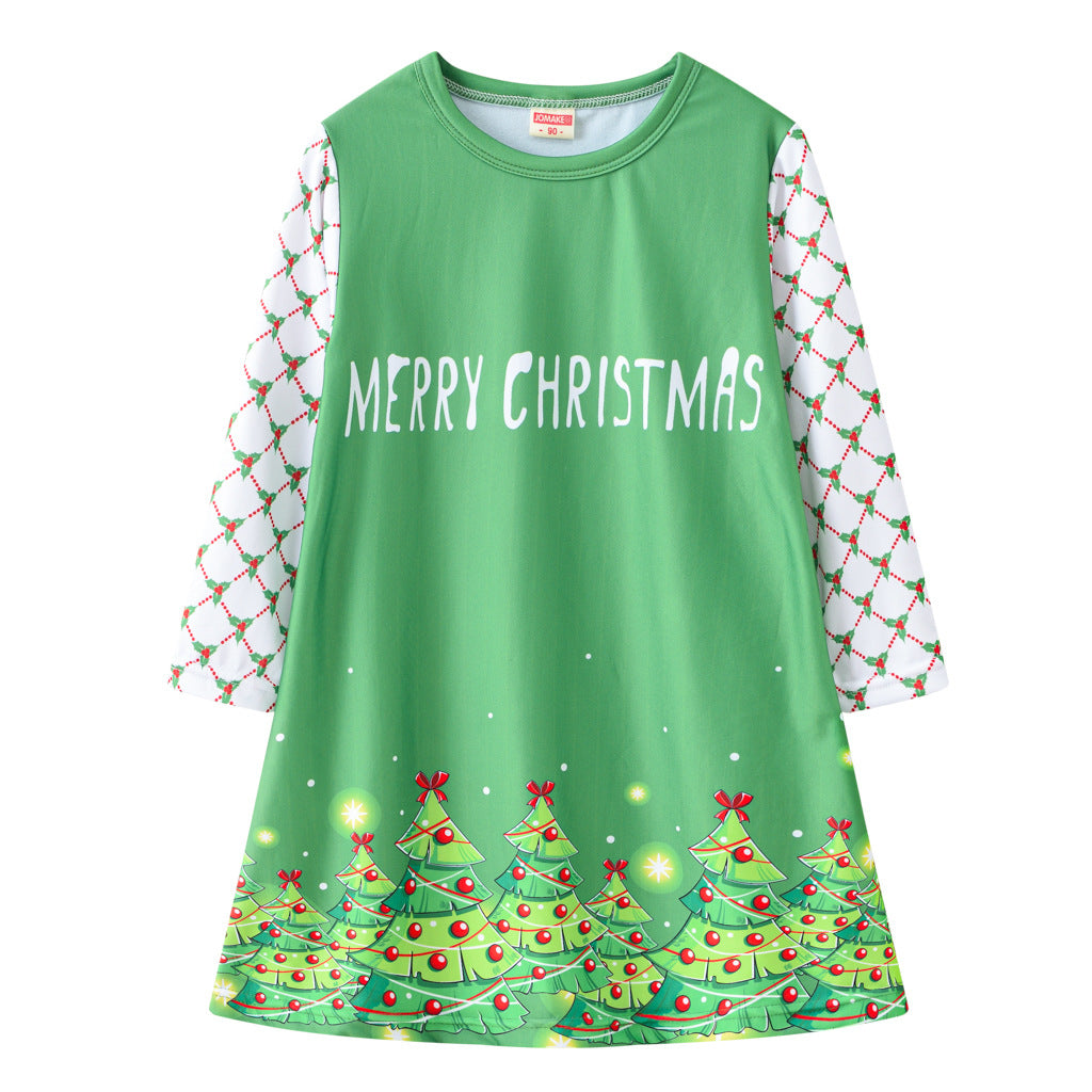 Kid Baby Girl Christmas Cartoon Digital Print Round Neck Dresses