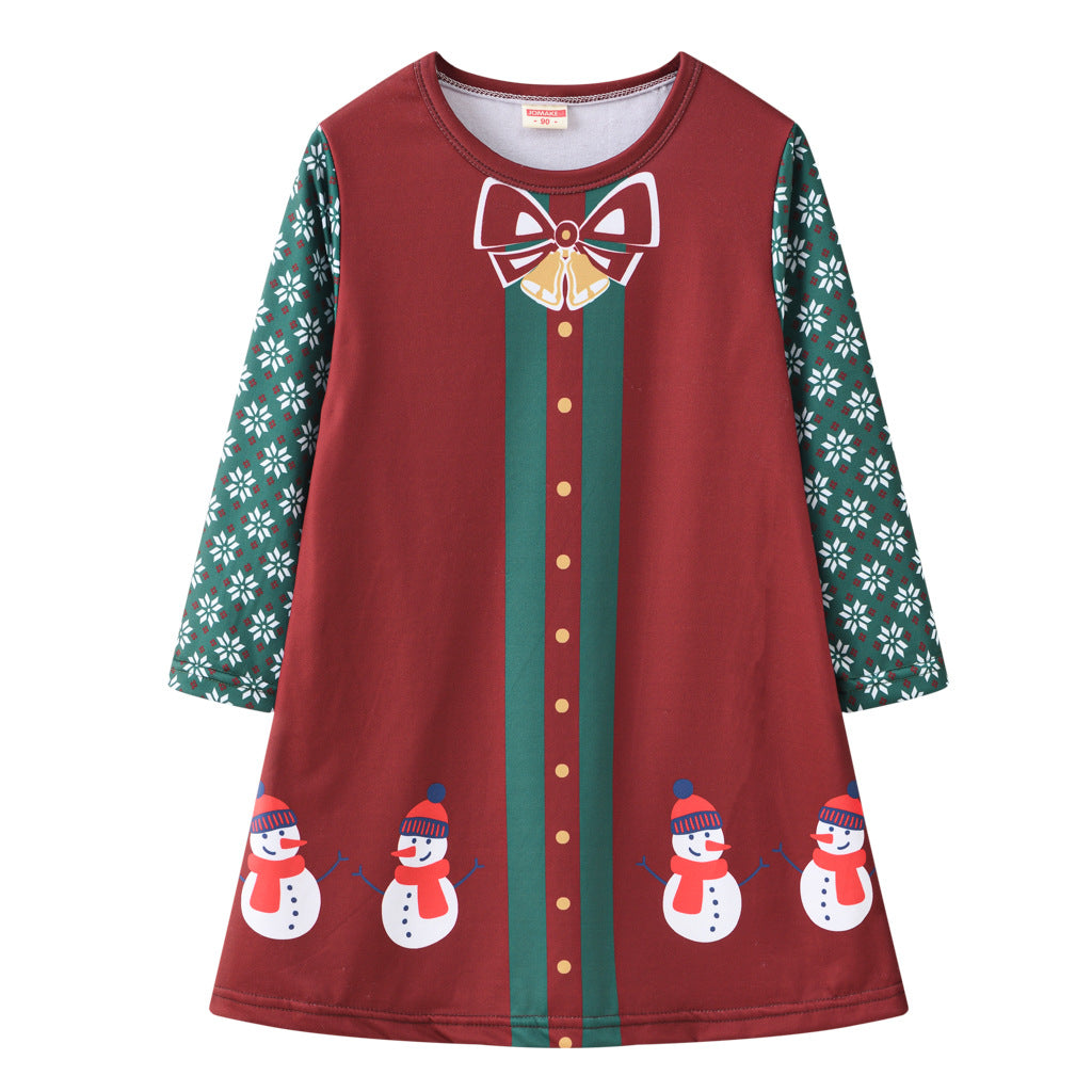 Kid Baby Girl Christmas Cartoon Digital Print Round Neck Dresses