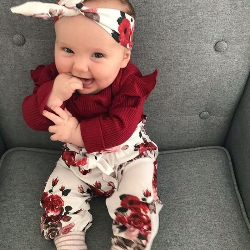Baby Girl Knitting Ruffle Floral Valentine 3 Pcs Sets