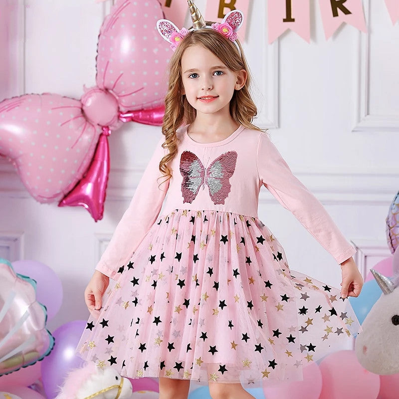 Kinder Mädchen Herbstkleid Schmetterling Pailletten Blumenkleider 2-8 Jahre
