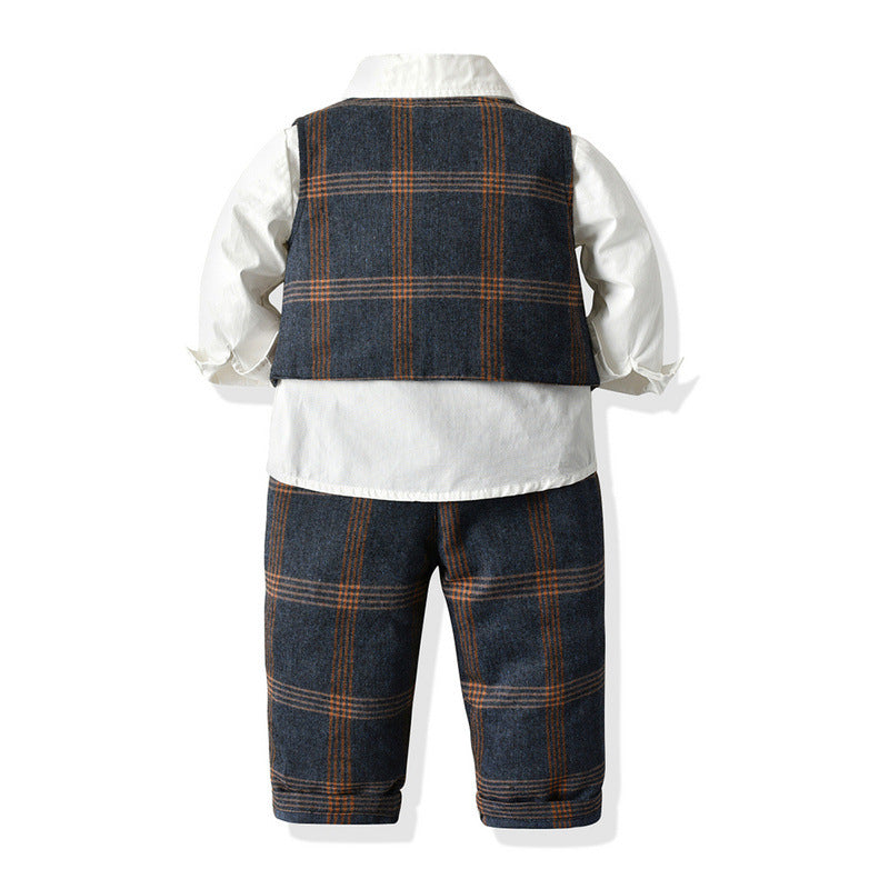 Kid Baby Boys Suit Check Gentleman Autumn Spring 3 Pcs Sets