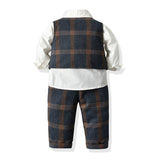 Kid Baby Boys Suit Check Gentleman Autumn Spring 3 Pcs Sets