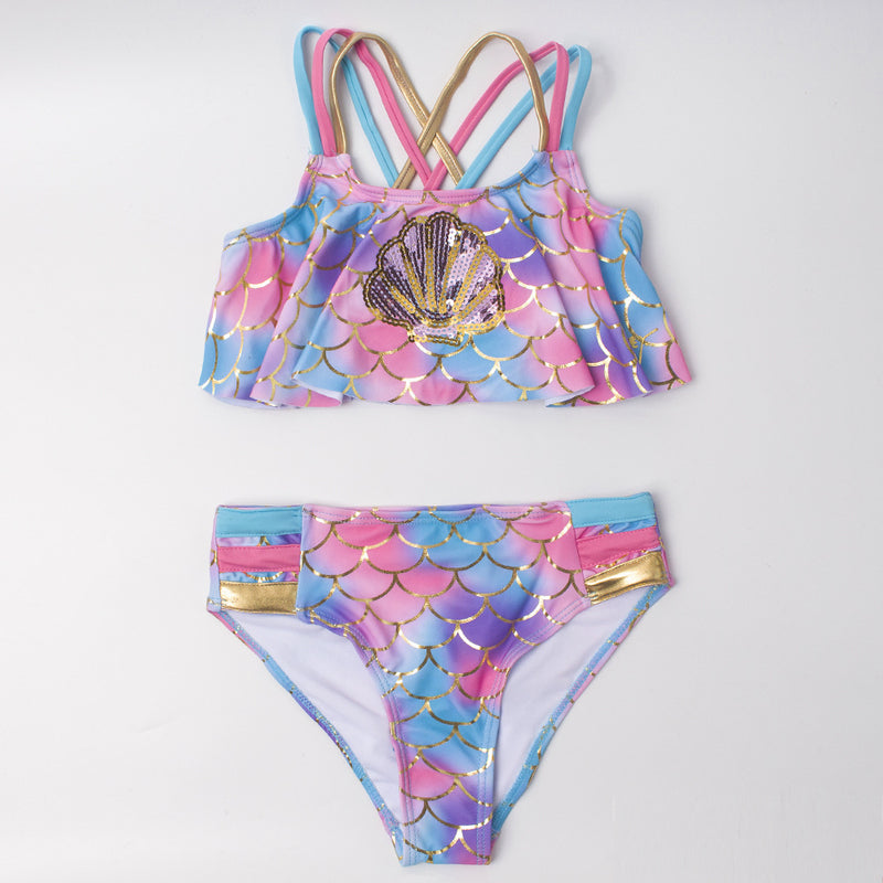 Kid Girls Swimwear Feather Print Binding Bikini Swimsuits