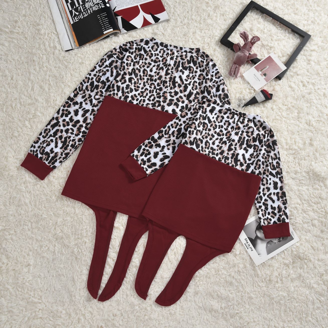 Family Matching Pattern Stitching Burgundy Top Parent-child Shirts